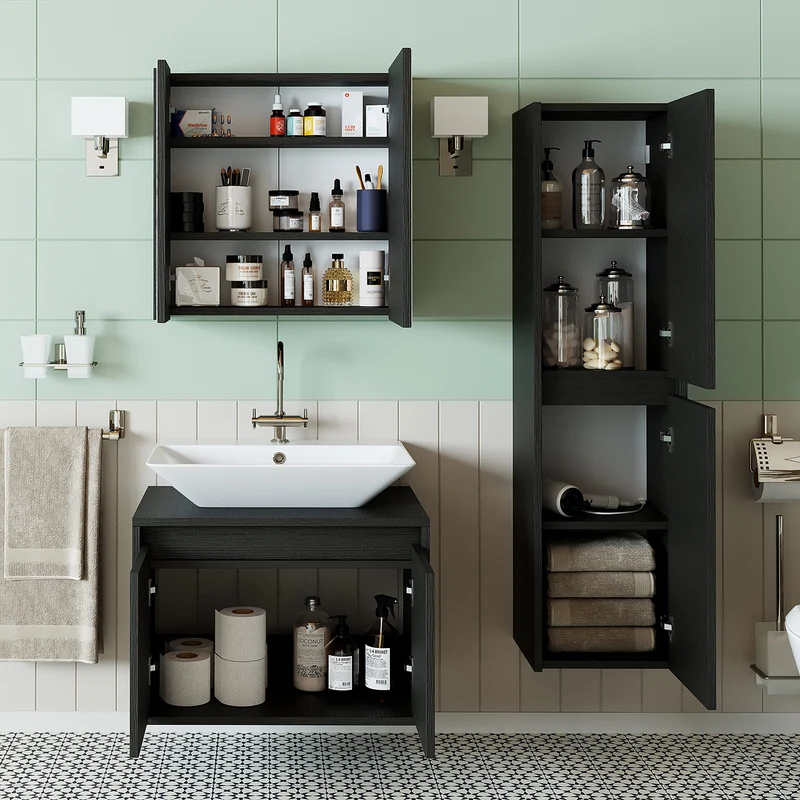 Roomart 4-teiliges Badmöbel-Set ATLANTIC 65 cm, Aufsatzbecken und Hochschrank, in 5 Farben