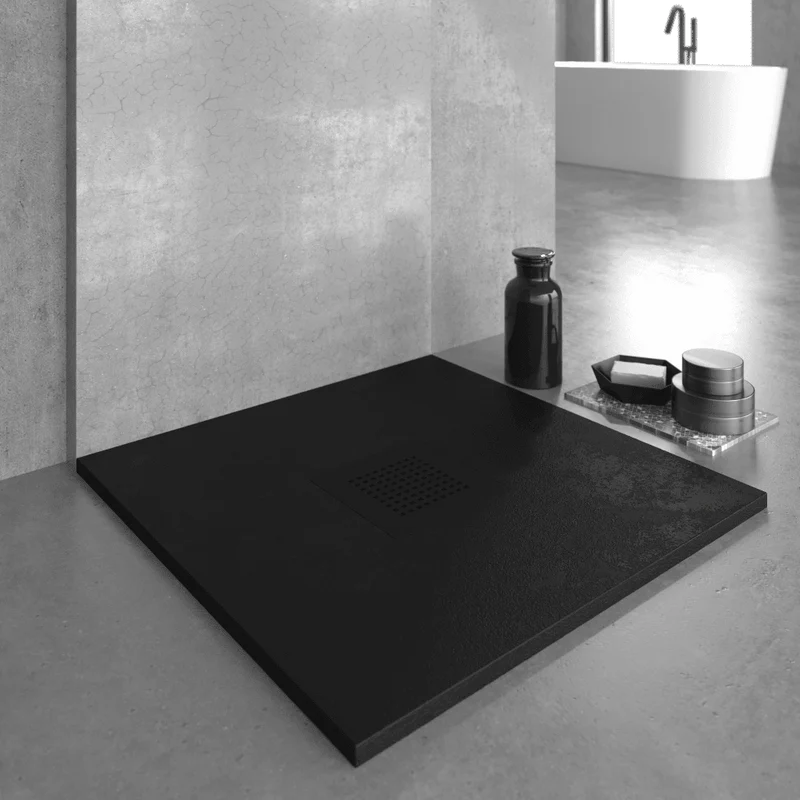 Mineralguss-Duschwanne extra flach SLATE, Schieferoptik, Schwarz
