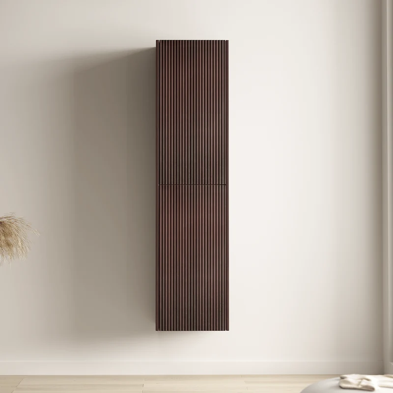 Badmeubelset TROPANI 100 cm - Met Kolomkast - Ribbel Walnoot - Waskom Zwart