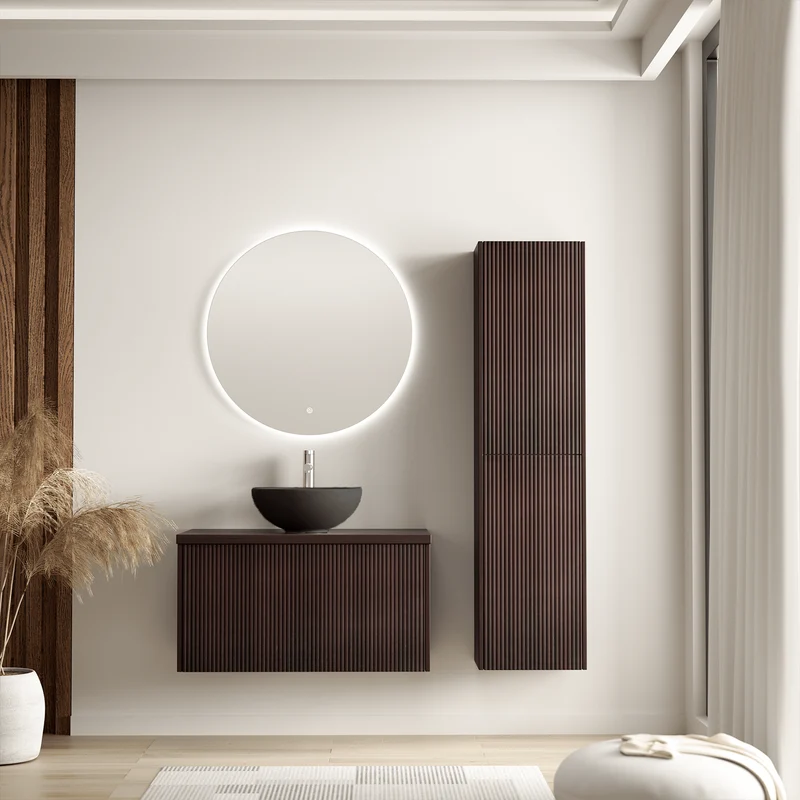 Badmeubelset TROPANI 80 cm - Met Kolomkast - Ribbel Walnoot - Waskom Zwart