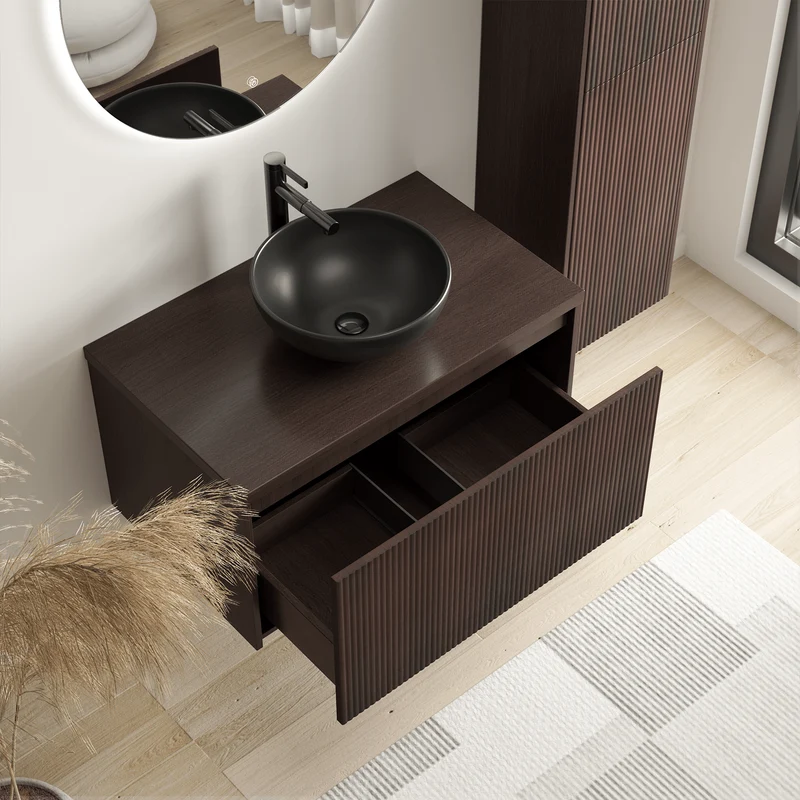 Badmeubelset TROPANI 80 cm - Met Kolomkast - Ribbel Walnoot - Waskom Zwart