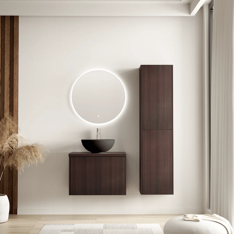 Badmeubelset TROPANI 60 cm - Met Kolomkast - Ribbel Walnoot - Waskom Zwart