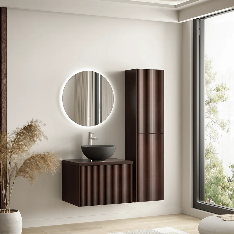 Badmeubelset TROPANI 60 cm - Met Kolomkast - Ribbel Walnoot - Waskom Zwart