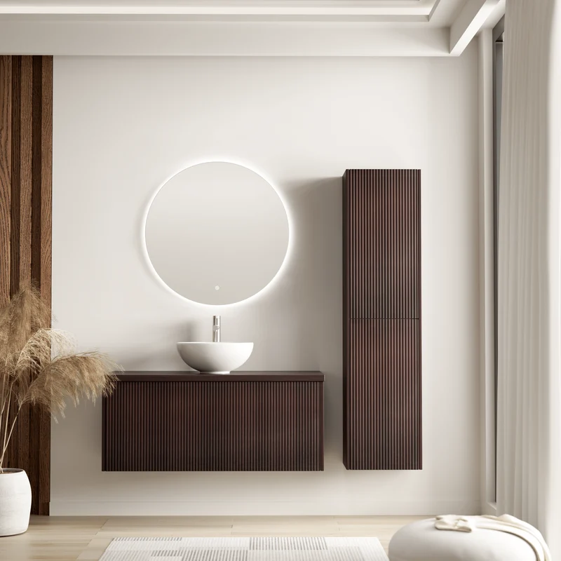 Badmeubelset TROPANI 100 cm - Met Kolomkast - Ribbel Walnoot - Waskom Wit