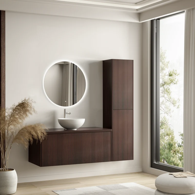Badmeubelset TROPANI 100 cm - Met Kolomkast - Ribbel Walnoot - Waskom Wit