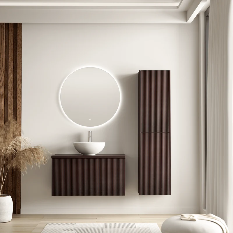 Badmeubelset TROPANI 80 cm - Met Kolomkast - Ribbel Walnoot - Waskom Wit