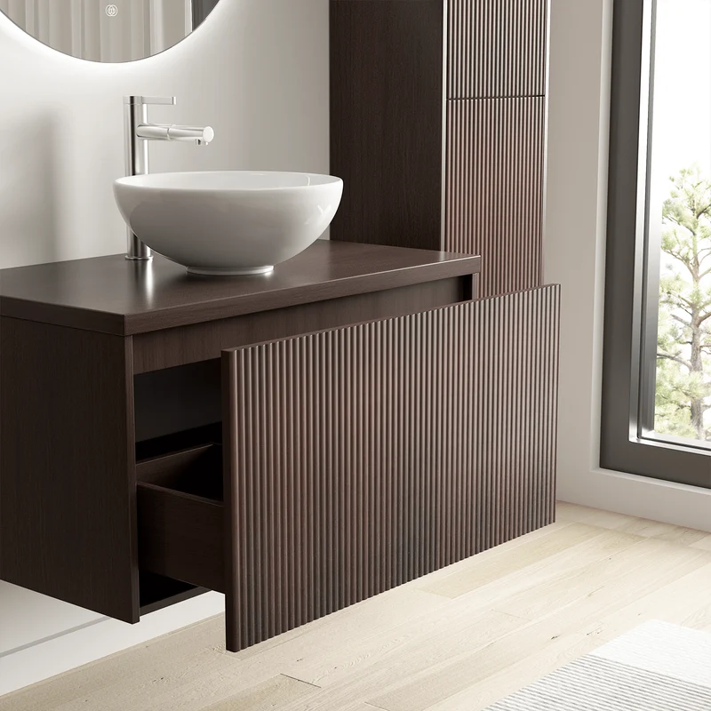 Badmeubelset TROPANI 80 cm - Met Kolomkast - Ribbel Walnoot - Waskom Wit