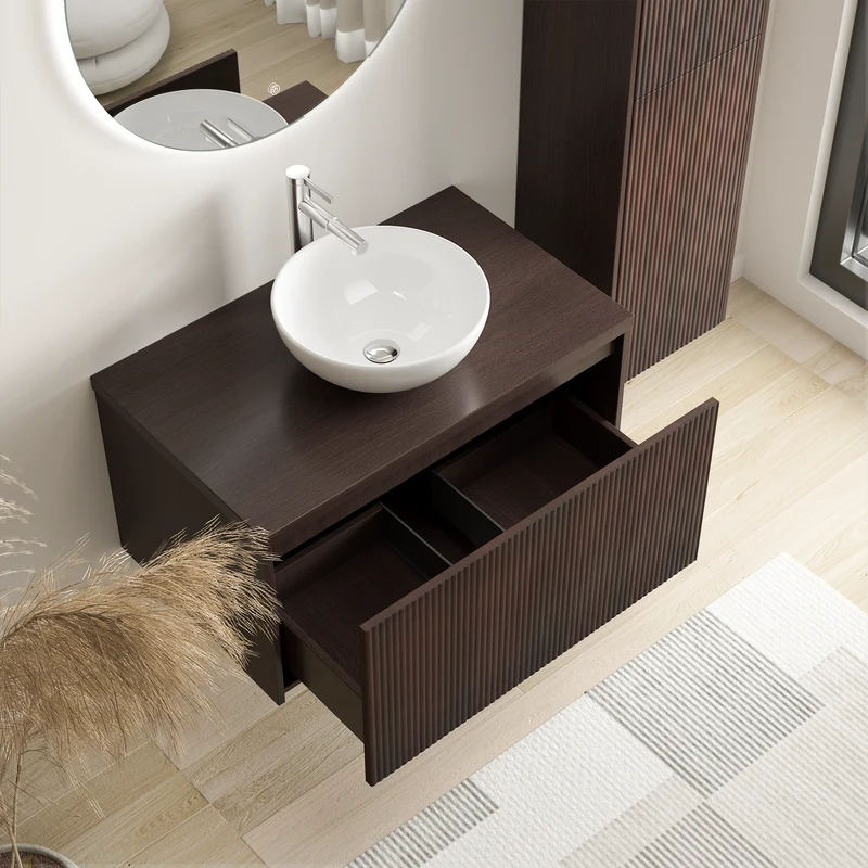 Badmeubelset TROPANI 80 cm - Met Kolomkast - Ribbel Walnoot - Waskom Wit