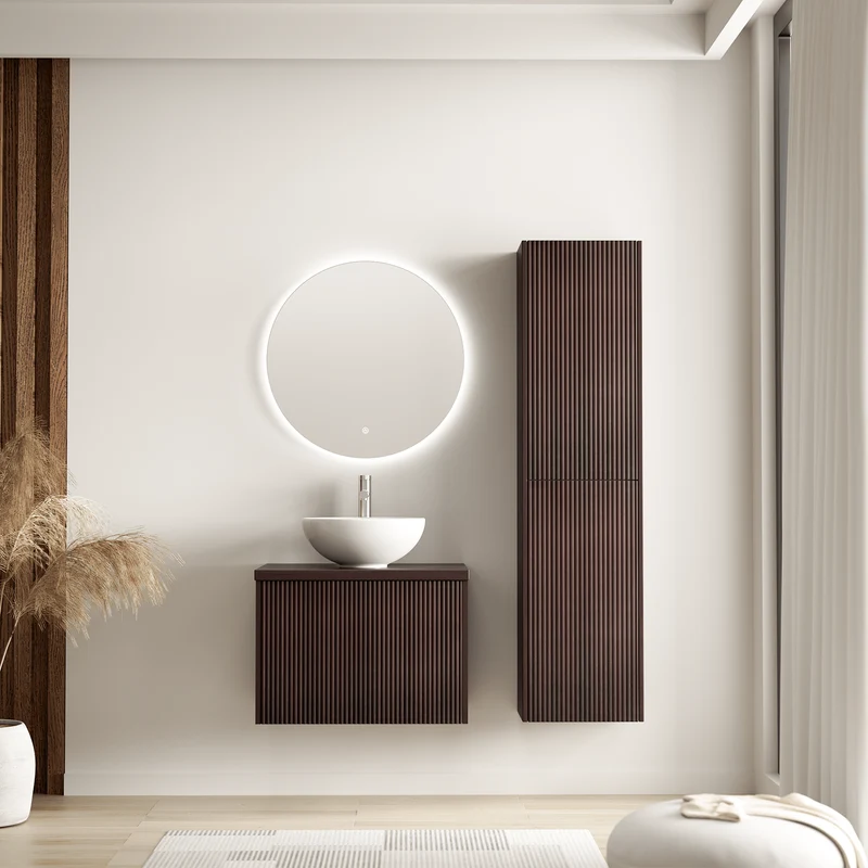 Badmeubelset TROPANI 60 cm - Met Kolomkast - Ribbel Walnoot - Waskom Wit