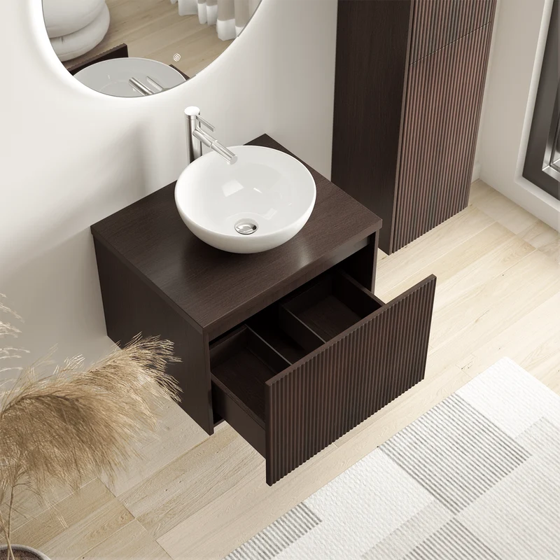 Badmeubelset TROPANI 60 cm - Met Kolomkast - Ribbel Walnoot - Waskom Wit