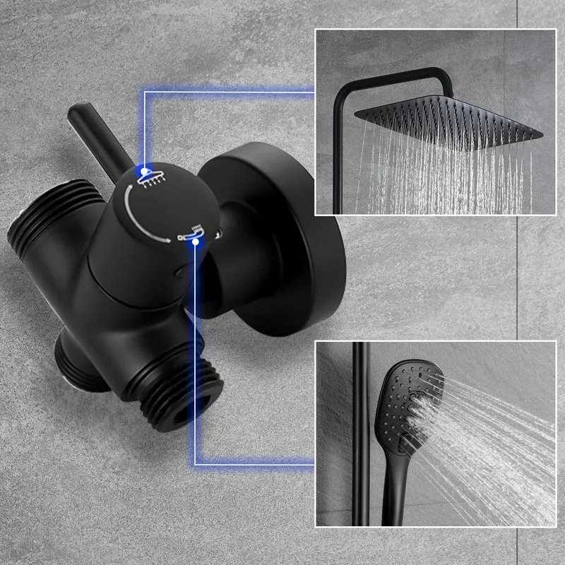 JOHO Edelstahl Duschsystem mit rechteckig Kopfbrause und Ablage schwarz