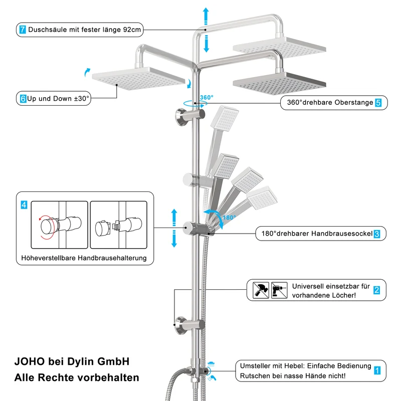 JOHO Edelstahl Duschsystem ohne Duscharmatur Chrom Regenduschset mit ABS Kopfbrause 20x20cm