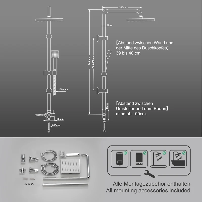 JOHO Edelstahl Duschsystem ohne Duscharmatur Chrom Regenduschset mit ABS Kopfbrause 20x20cm