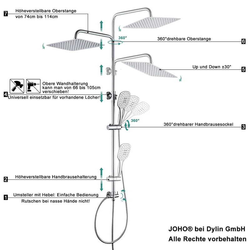 JOHO Edelstahl Duschsystem mit rechteckig Kopfbrause Chrom