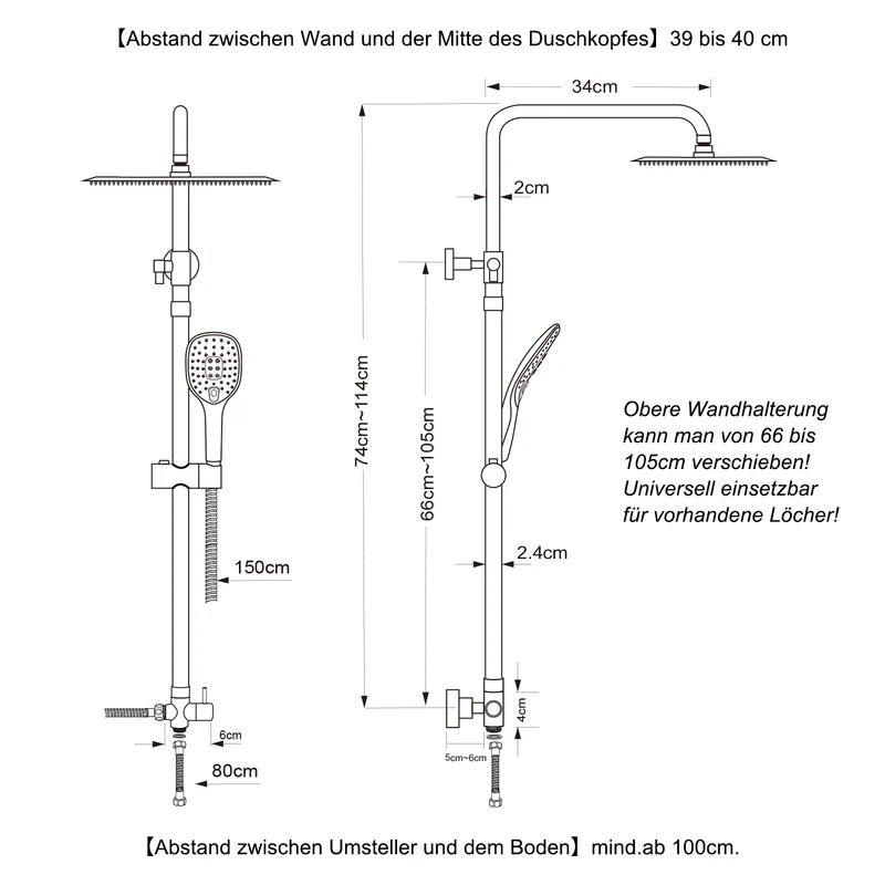 JOHO Edelstahl Duschsystem mit rechteckig Kopfbrause Chrom