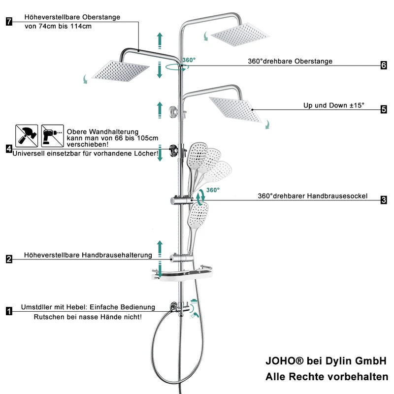 JOHO Edelstahl Duschsystem Regenduschset mit eckig Kopfbrause und Ablage Chrom