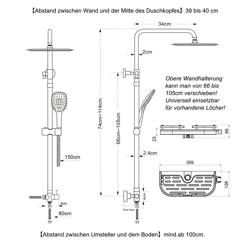 JOHO Edelstahl Duschsystem Regenduschset mit eckig Kopfbrause und Ablage Chrom