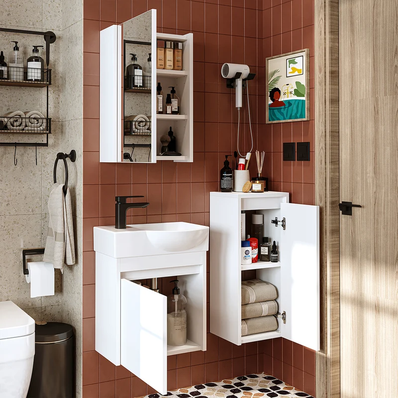 Roomart 4-teiliges Badmöbel-Set LEO, 46 cm, schmales Gäste-WC-Set mit Spiegelschrank, in 4 Farben