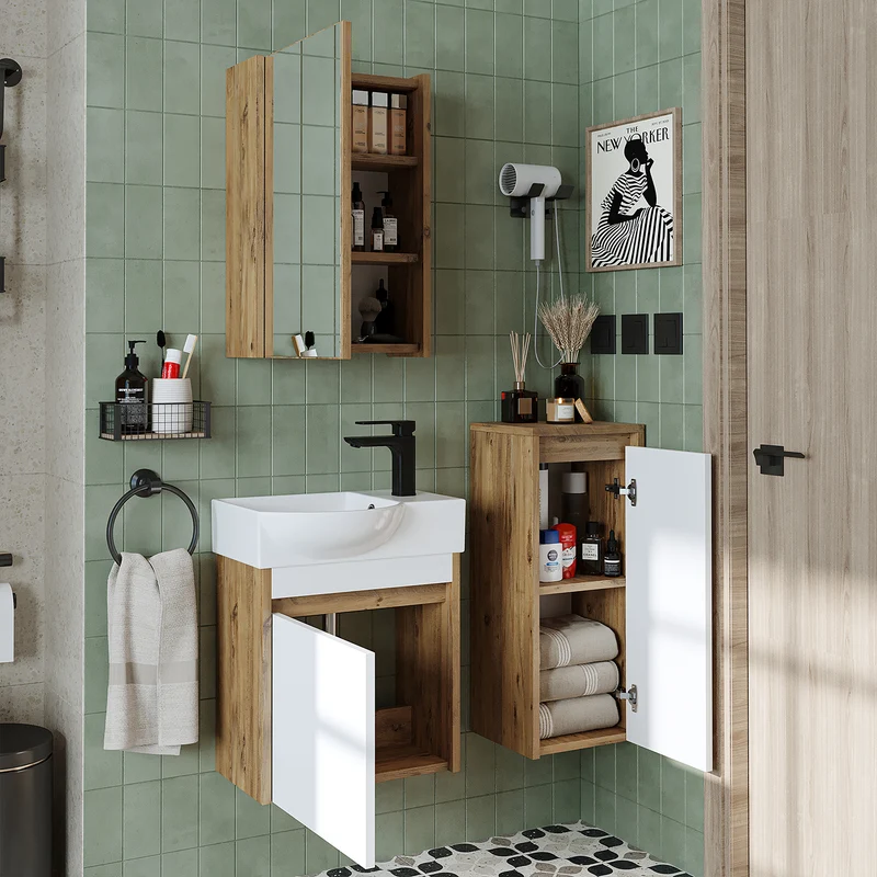 Roomart 4-teiliges Badmöbel-Set LEO, 46 cm, schmales Gäste-WC-Set mit Spiegelschrank, in 4 Farben