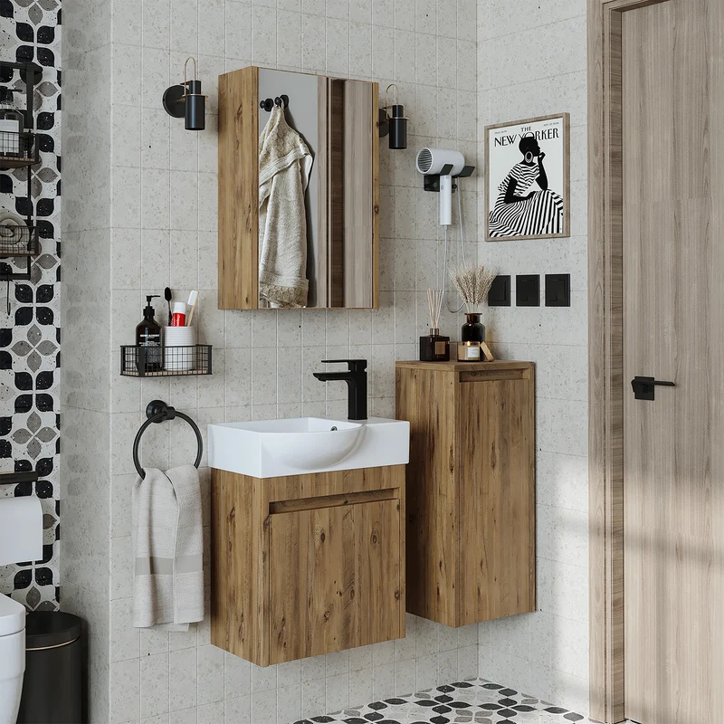 Roomart 4-teiliges Badmöbel-Set LEO, 46 cm, schmales Gäste-WC-Set mit Spiegelschrank, in 4 Farben