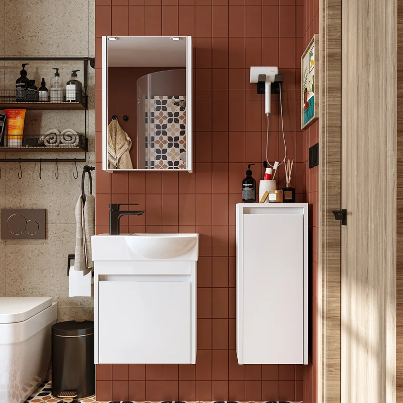 Roomart 4-teiliges Badmöbel-Set LEO, 46 cm, schmales Gäste-WC-Set mit Spiegelschrank, in 4 Farben