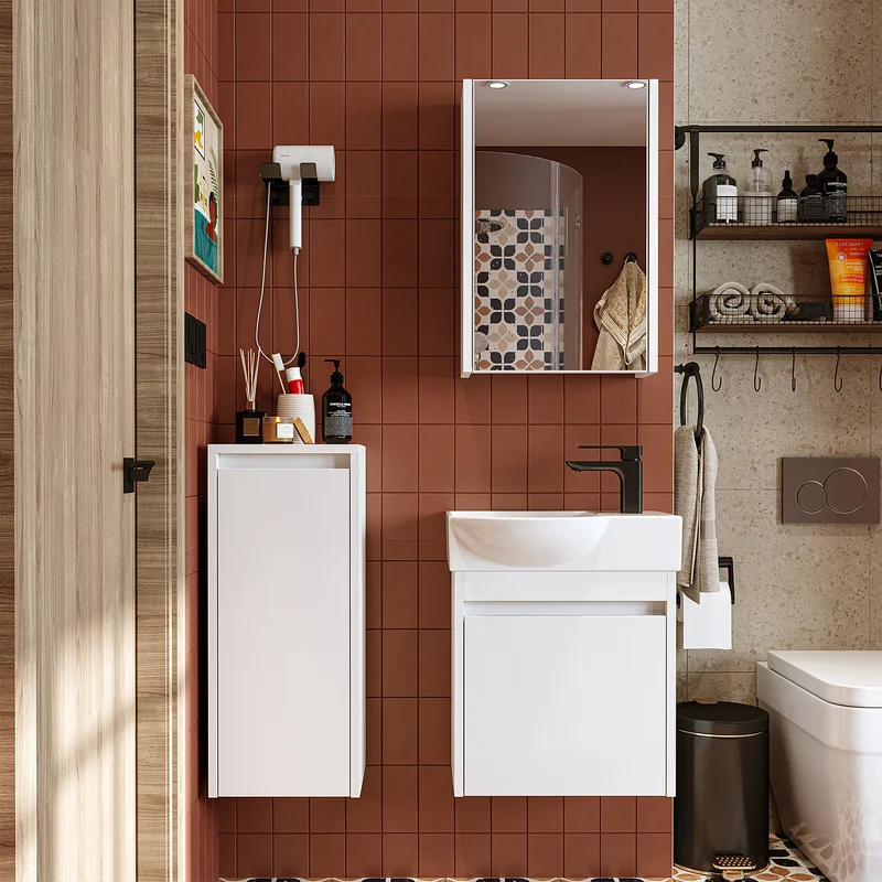 Roomart 4-teiliges Badmöbel-Set LEO, 46 cm, schmales Gäste-WC-Set mit Spiegelschrank, in 4 Farben