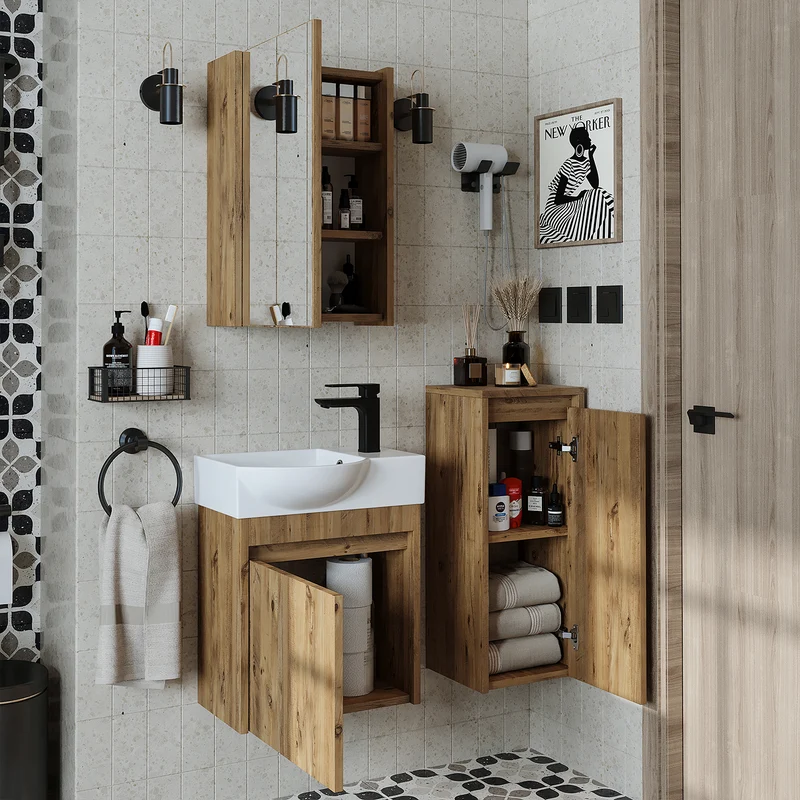 Roomart 4-teiliges Badmöbel-Set LEO, 46 cm, schmales Gäste-WC-Set mit Spiegelschrank, in 4 Farben