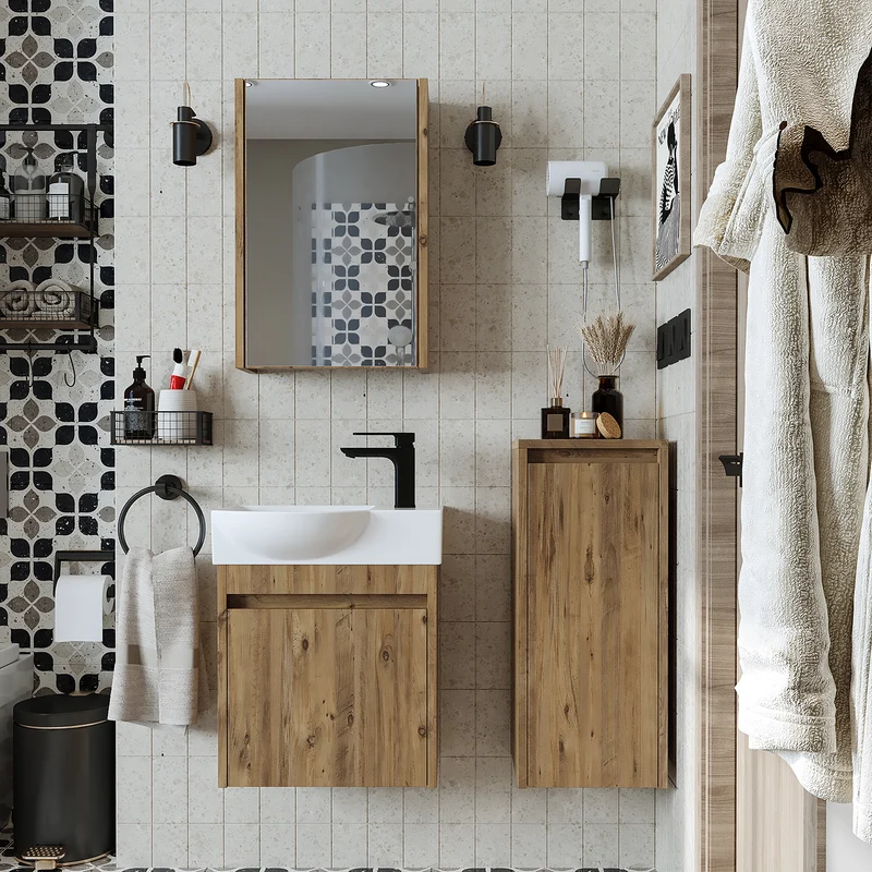 Roomart 4-teiliges Badmöbel-Set LEO, 46 cm, schmales Gäste-WC-Set mit Spiegelschrank, in 4 Farben