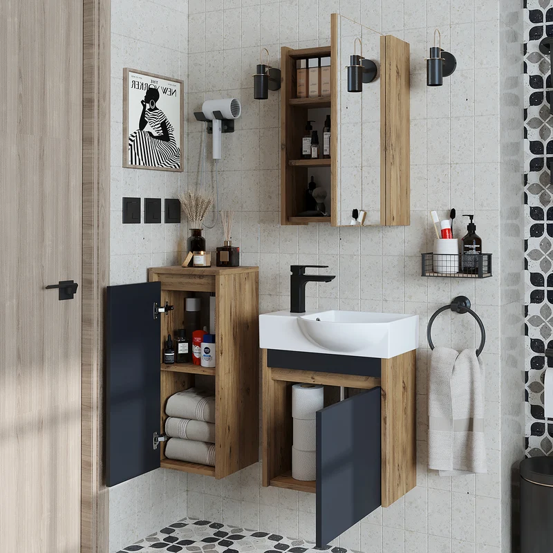 Roomart 4-teiliges Badmöbel-Set LEO, 46 cm, schmales Gäste-WC-Set mit Spiegelschrank, in 4 Farben