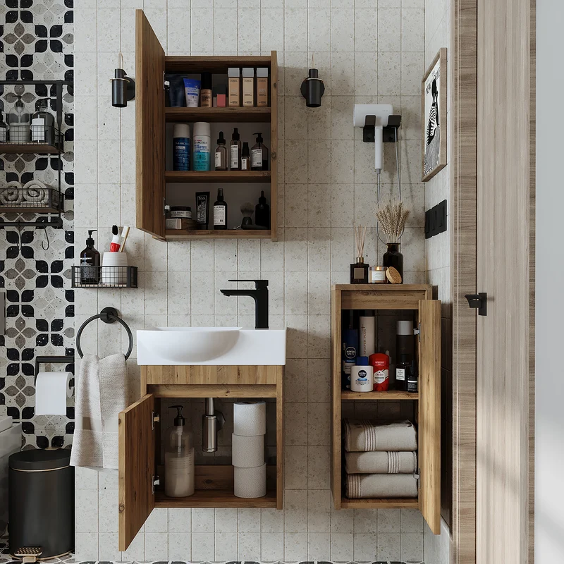 Roomart 4-teiliges Badmöbel-Set LEO, 46 cm, schmales Gäste-WC-Set mit Spiegelschrank, in 4 Farben