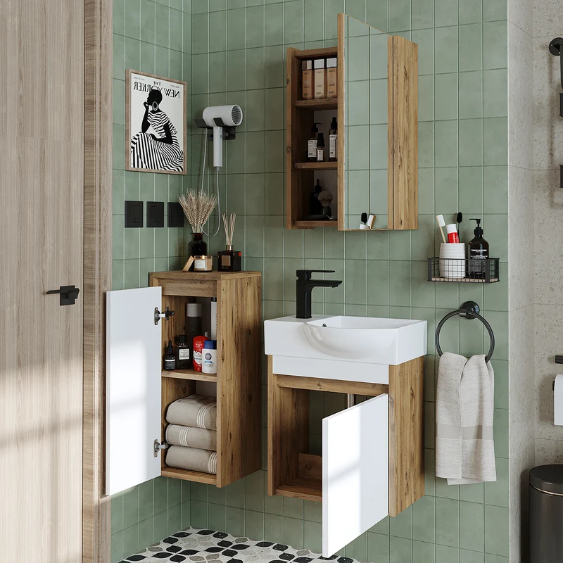 Roomart 4-teiliges Badmöbel-Set LEO, 46 cm, schmales Gäste-WC-Set mit Spiegelschrank, in 4 Farben