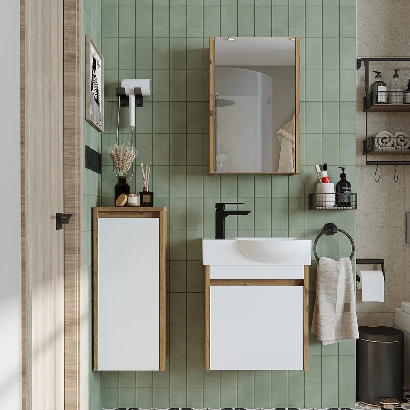 Roomart 4-teiliges Badmöbel-Set LEO, 46 cm, schmales Gäste-WC-Set mit Spiegelschrank, in 4 Farben