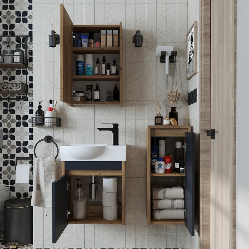 Roomart 4-teiliges Badmöbel-Set LEO, 46 cm, schmales Gäste-WC-Set mit Spiegelschrank, in 4 Farben