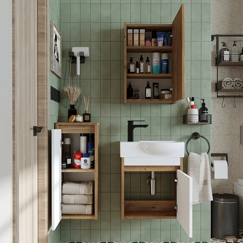 Roomart 4-teiliges Badmöbel-Set LEO, 46 cm, schmales Gäste-WC-Set mit Spiegelschrank, in 4 Farben