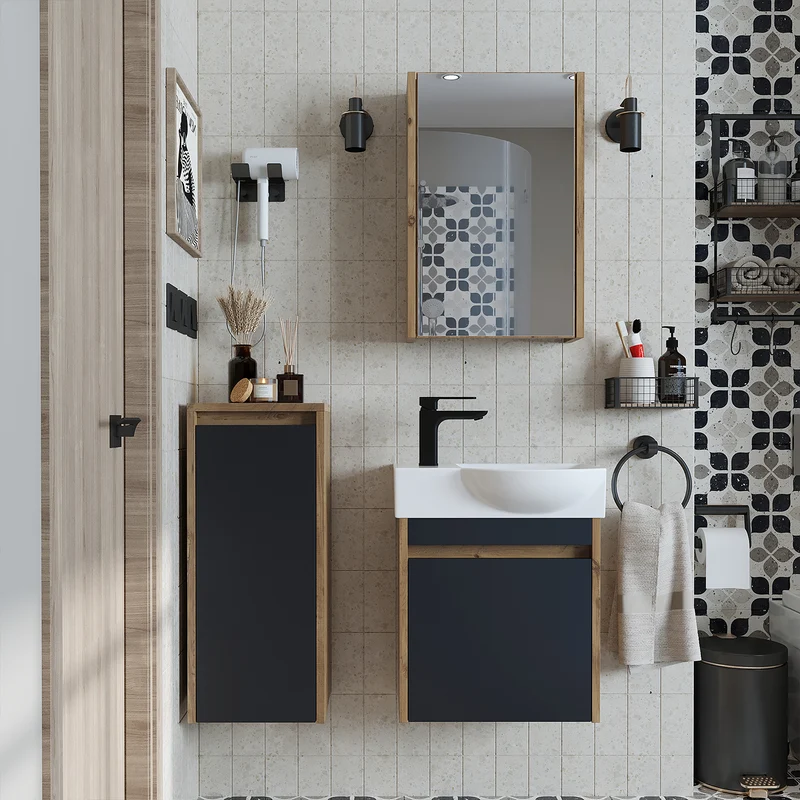 Roomart 4-teiliges Badmöbel-Set LEO, 46 cm, schmales Gäste-WC-Set mit Spiegelschrank, in 4 Farben