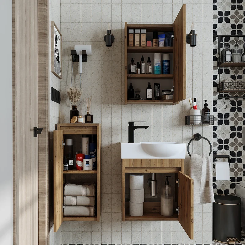Roomart 4-teiliges Badmöbel-Set LEO, 46 cm, schmales Gäste-WC-Set mit Spiegelschrank, in 4 Farben