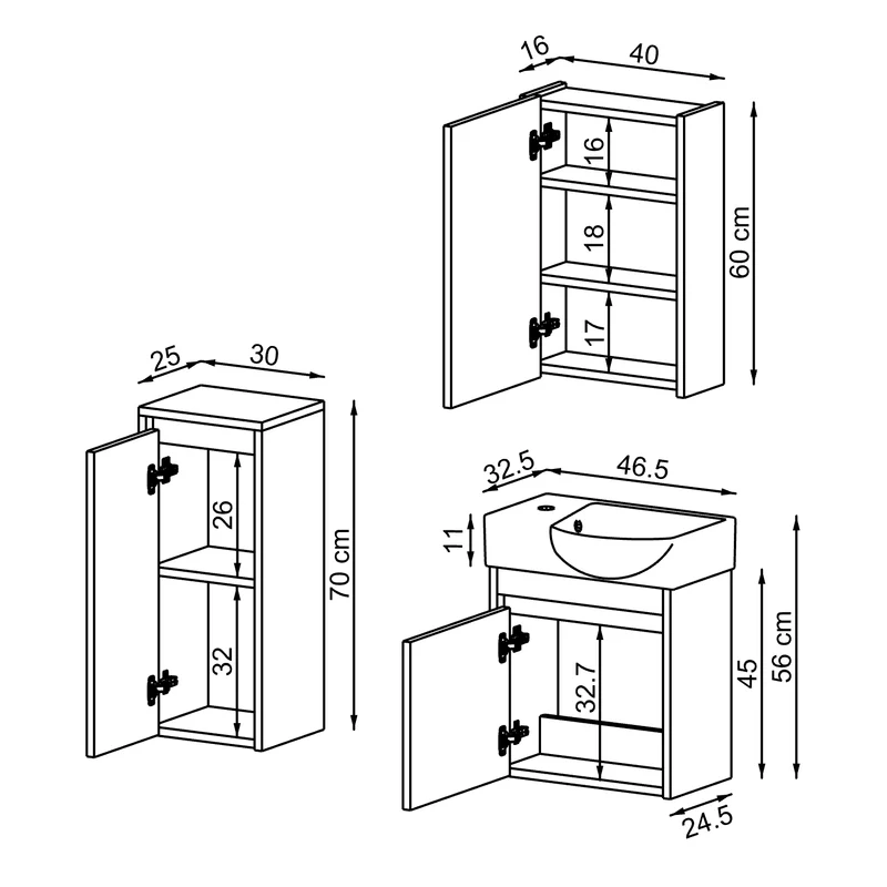 Roomart 4-teiliges Badmöbel-Set LEO, 46 cm, schmales Gäste-WC-Set mit Spiegelschrank, in 4 Farben