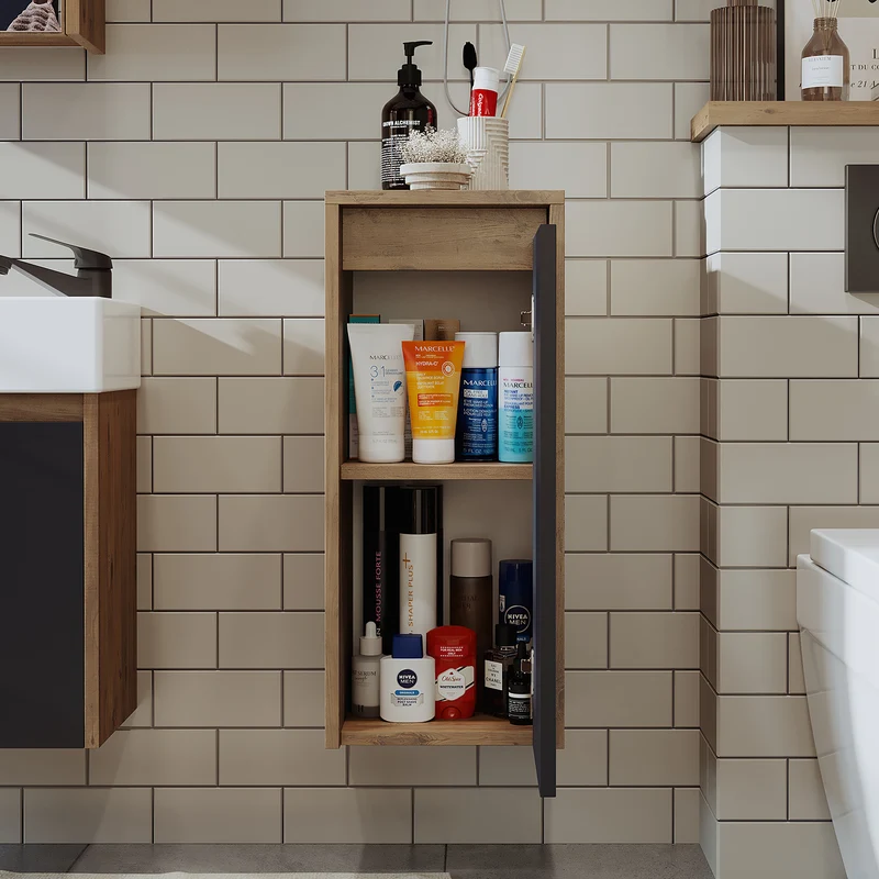 Roomart Badezimmer Seitenschrank, 30 cm, hängend mit Tür und offenem Fach, in 5 Farben