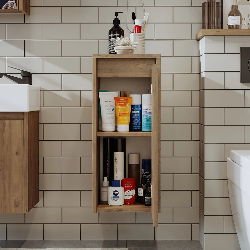 Roomart Badezimmer Seitenschrank, 30 cm, hängend mit Tür und offenem Fach, in 5 Farben