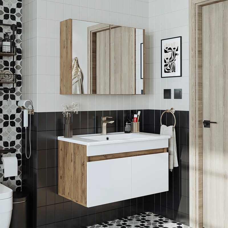 Roomart 3-teiliges Badmöbel-Set ATRIA, 85 cm, mit Keramikbecken und Spiegelschrank, in 4 Farben