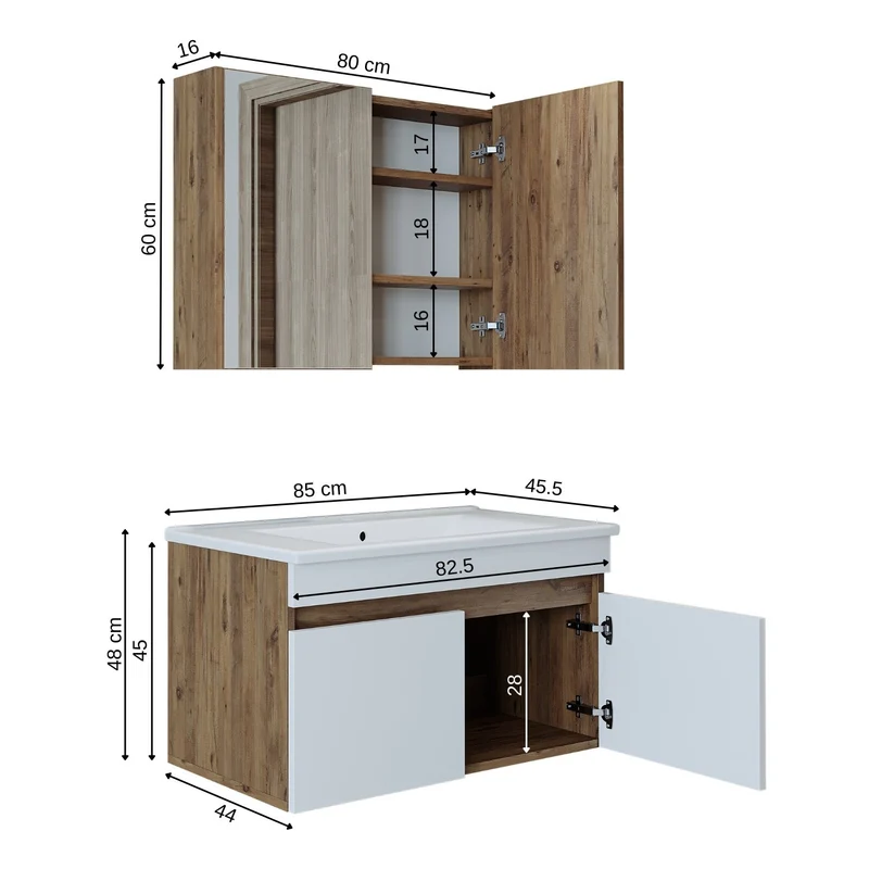 Roomart 3-teiliges Badmöbel-Set ATRIA, 85 cm, mit Keramikbecken und Spiegelschrank, in 4 Farben