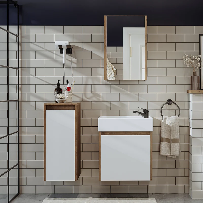 Roomart 4-teiliges Badmöbel-Set MINI, 50 cm, mit Keramikbecken, Spiegel- und Seitenschrank, in 5 Farben