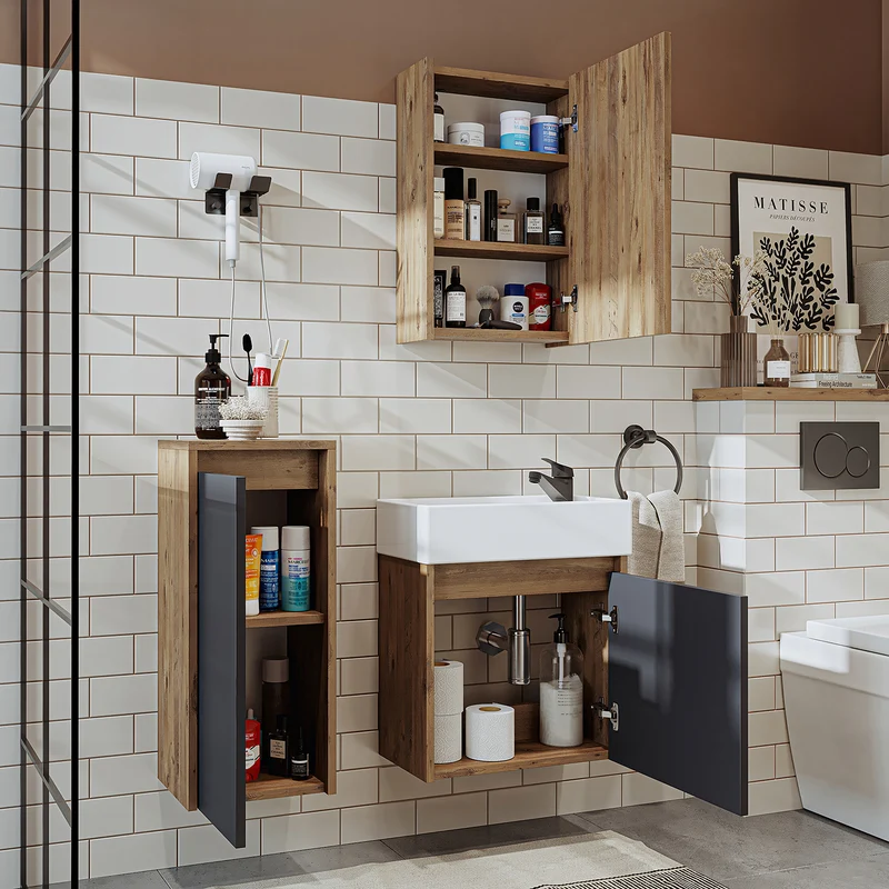 Roomart 4-teiliges Badmöbel-Set MINI, 50 cm, mit Keramikbecken, Spiegel- und Seitenschrank, in 5 Farben