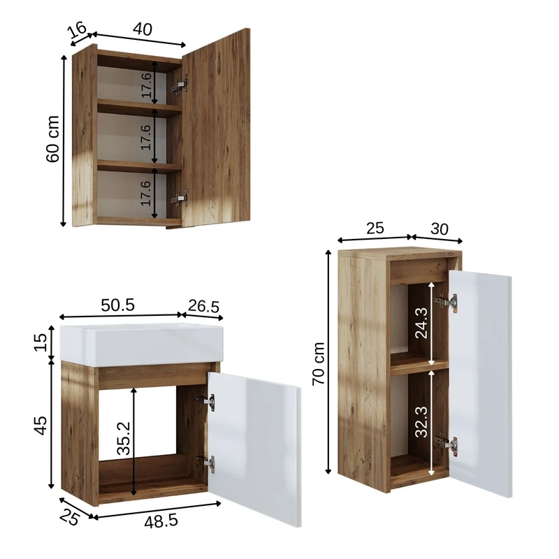 Roomart 4-teiliges Badmöbel-Set MINI, 50 cm, mit Keramikbecken, Spiegel- und Seitenschrank, in 5 Farben