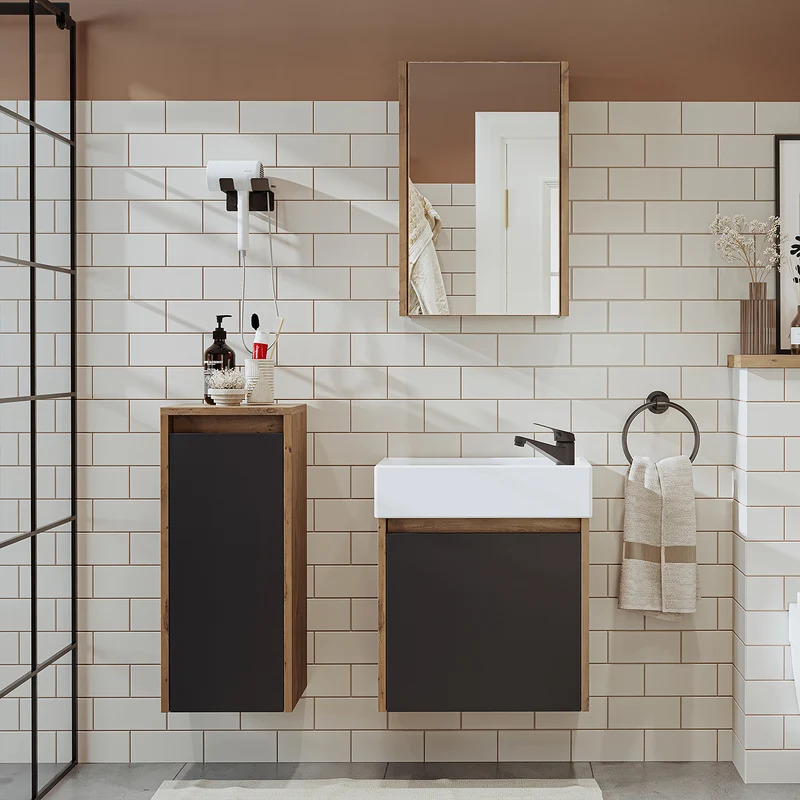 Roomart 4-teiliges Badmöbel-Set MINI, 50 cm, mit Keramikbecken, Spiegel- und Seitenschrank, in 5 Farben