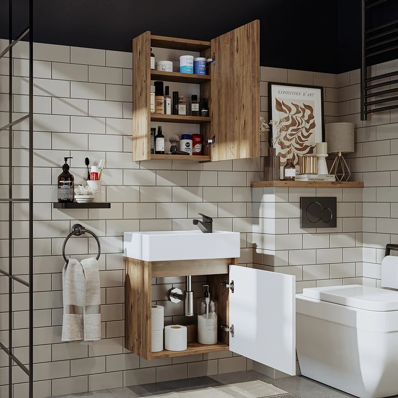 Roomart 4-teiliges Badmöbel-Set MINI, 50 cm, mit Keramikbecken, Spiegel- und Seitenschrank, in 5 Farben