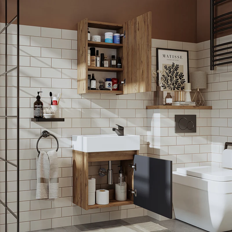 Roomart 4-teiliges Badmöbel-Set MINI, 50 cm, mit Keramikbecken, Spiegel- und Seitenschrank, in 5 Farben