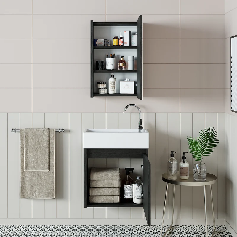 Roomart 4-teiliges Badmöbel-Set MINI, 50 cm, mit Keramikbecken, Spiegel- und Seitenschrank, in 5 Farben