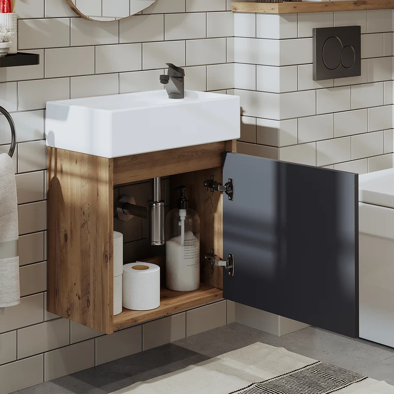 Roomart 4-teiliges Badmöbel-Set MINI, 50 cm, mit Keramikbecken, Spiegel- und Seitenschrank, in 5 Farben