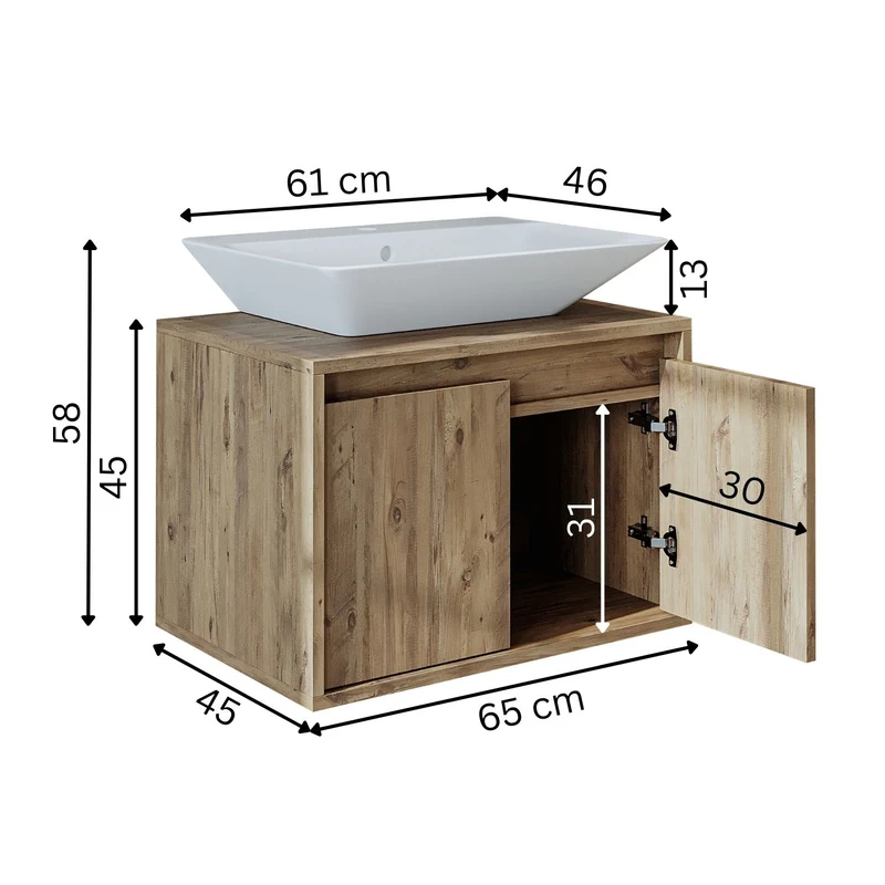 Roomart ATLANTIC Waschtisch mit Unterschrank, 65 cm, mit oder ohne Aufsatzbecken, in 5 Farben